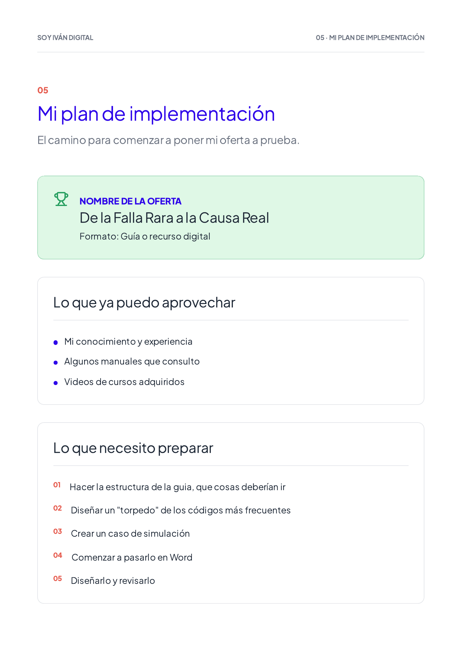 Página de ejemplo de un plan de implementación