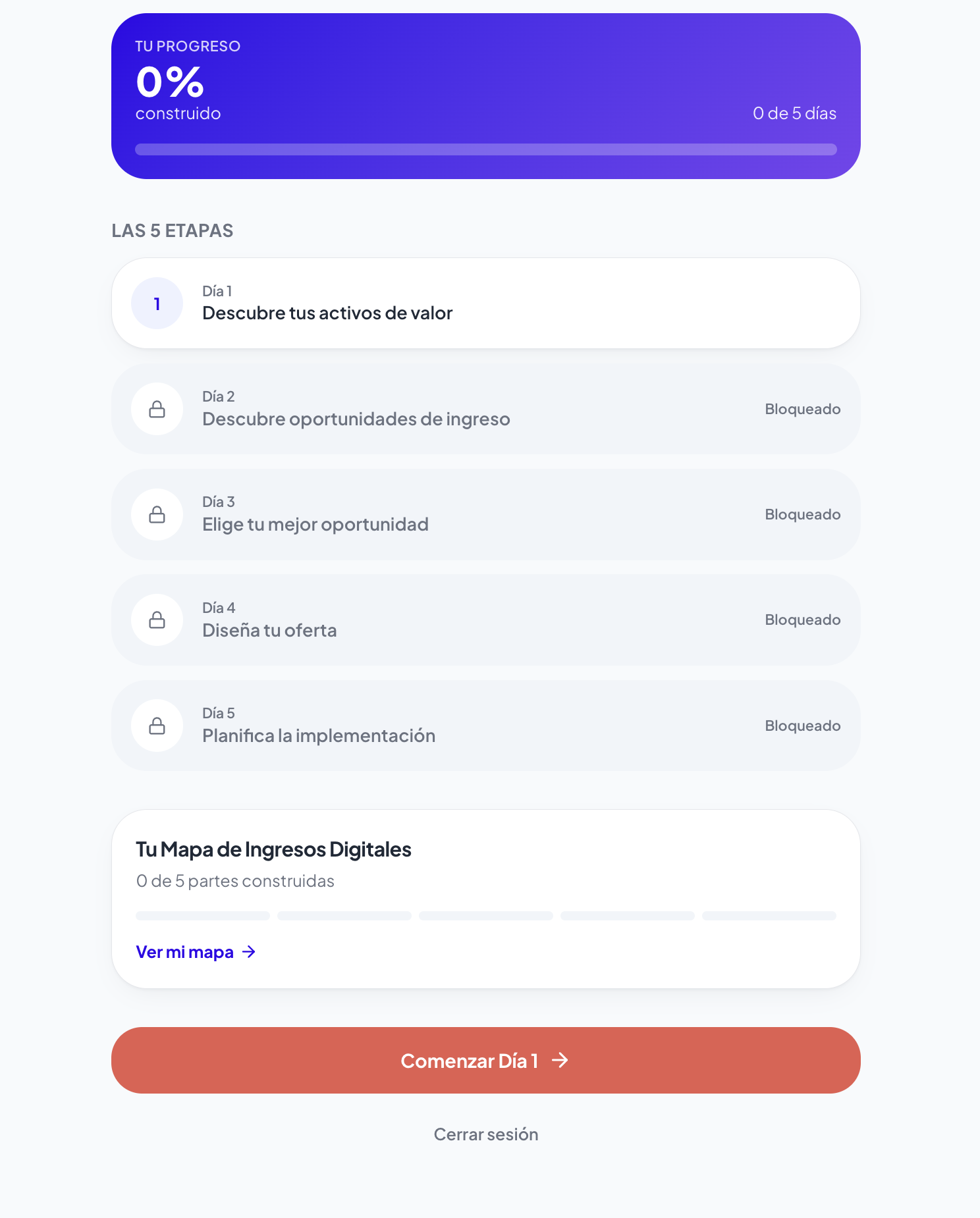 Vista de la plataforma Tu Primera Oferta Digital con sus cinco etapas